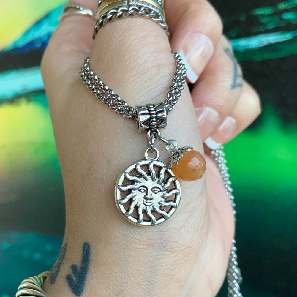 Stainless steel double chain sun charm & carnelian - Picture 8 of 10